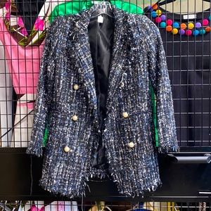 Sans Souci Woven Metallic Tweed Blazer w/Pearl Buttons
